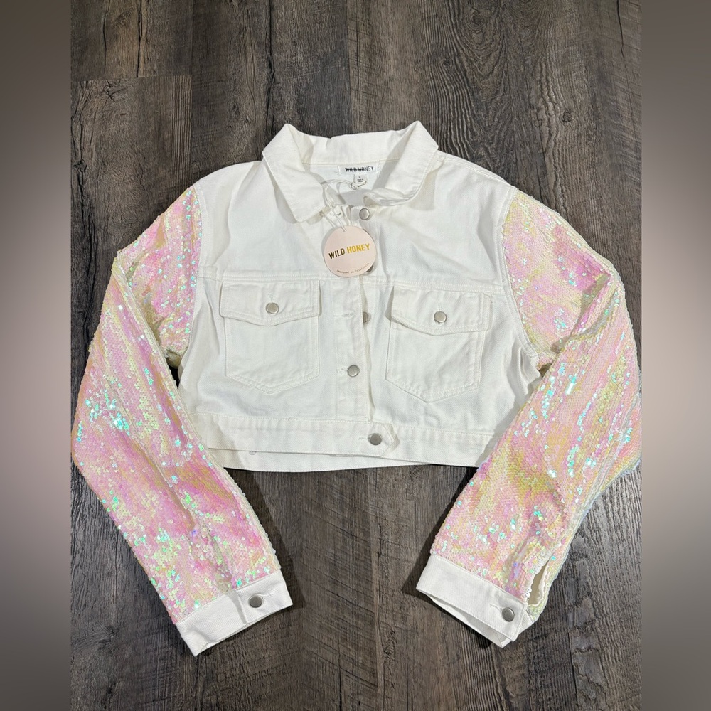 NEW | WILD HONEY Pink Sequin Sleeves Jean Jacket
